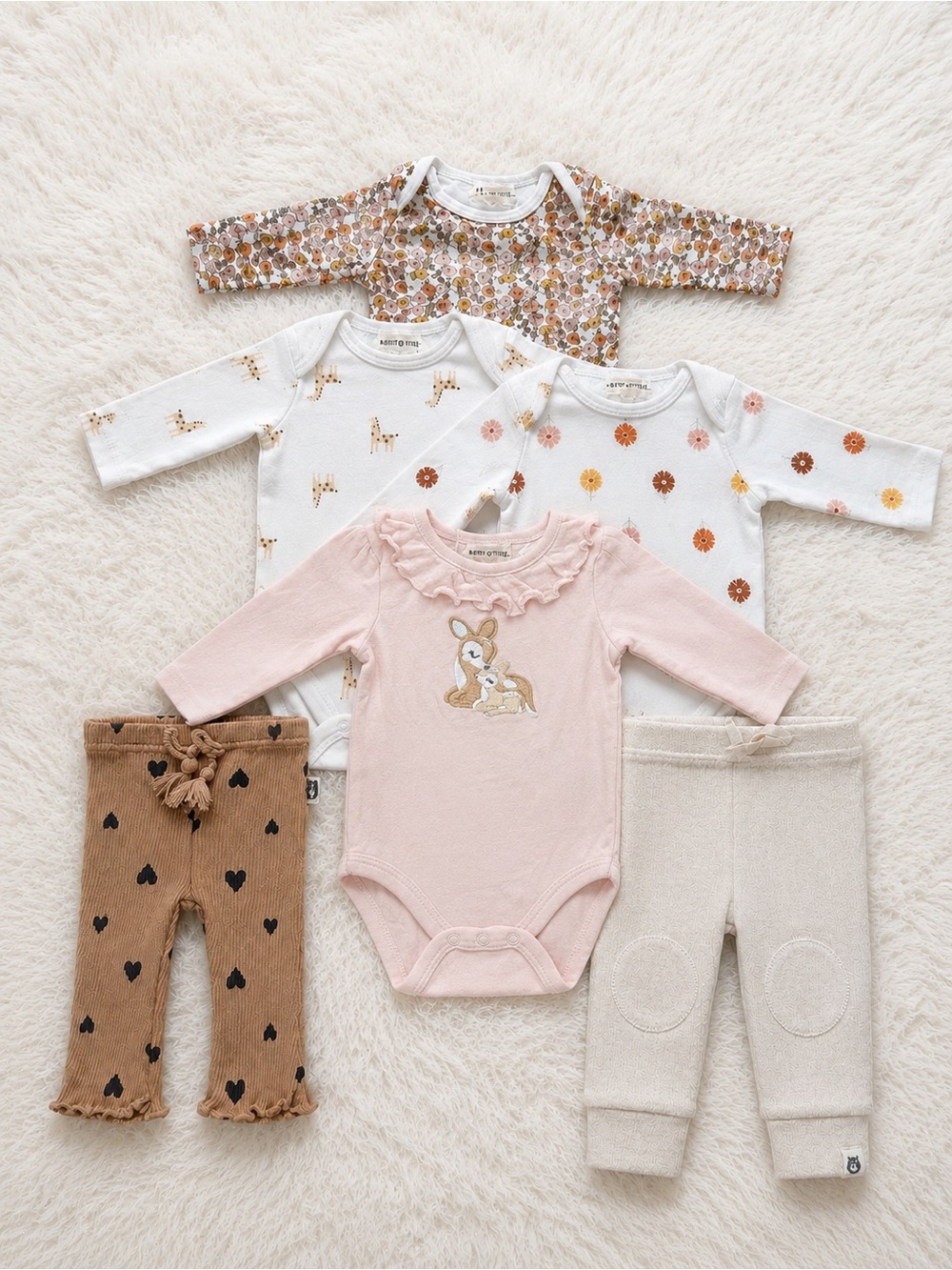 Neutral & Pink Baby Outfit Set. Bundle of 6